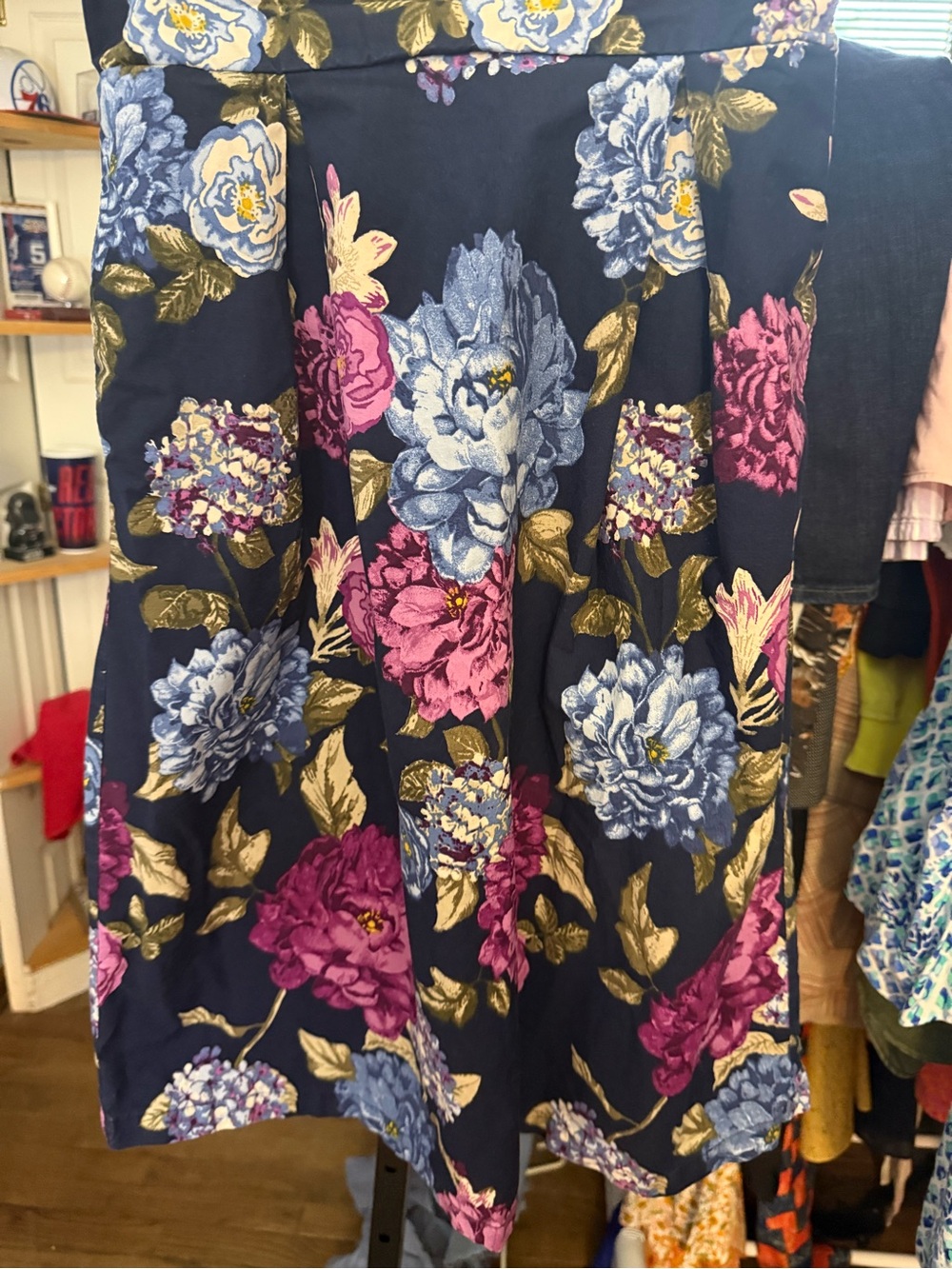 XS Jane and Delancey Navy Floral A-Line Skirt with Pink & Blue Blooms